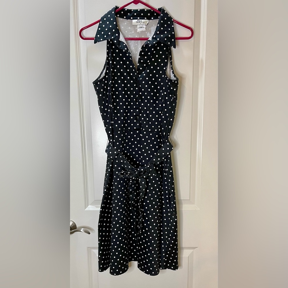 Vintage Black and White Polka Dot Dress Sleeveless Belted Size 10